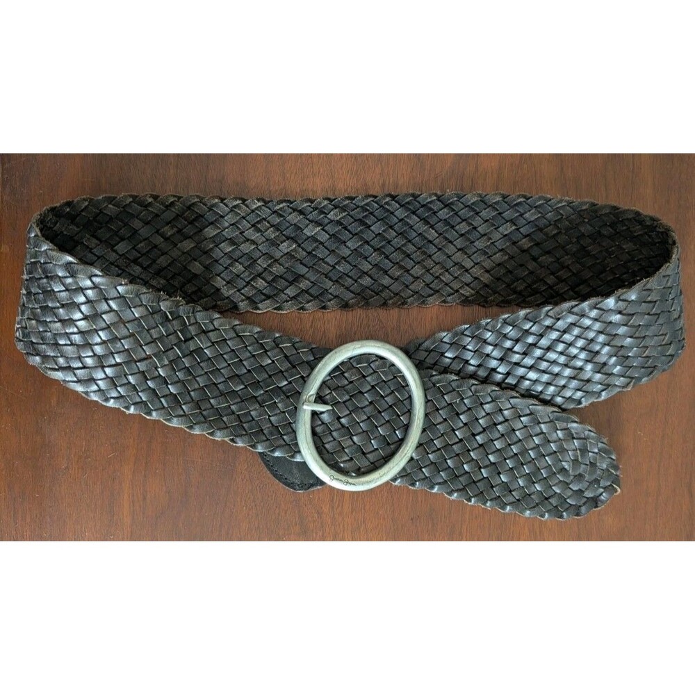 Y2K Wide Braided Leather Belt Brown Boho Woven Circle Buckle L Jessica Simpson